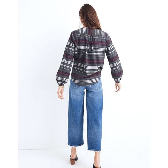 MADEWELL Pineview Plaid Button Front Blouse Top Striped Green Red Cozy Chic S/M - Picture 2 of 13